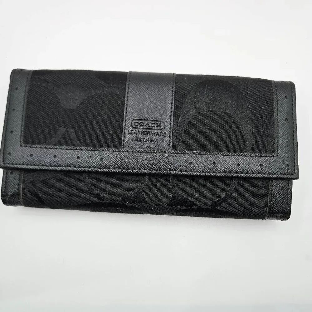 Coach Legacy Slim Trifold Wallet Signature Logo Black Canvas Leather Trim EUC